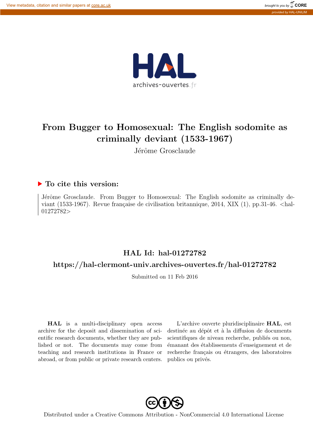 From Bugger to Homosexual: the English Sodomite As Criminally Deviant (1533-1967) J´Erˆomegrosclaude