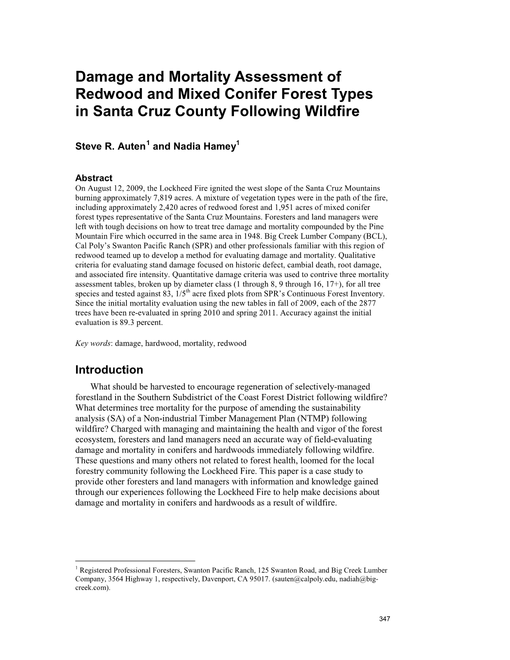 Damage and Mortality Assessment of Redwood and Mixed Conifer Forest Types in Santa Cruz County Following Wildfire