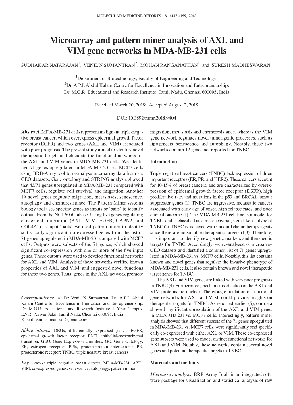 Microarray and Pattern Miner Analysis of AXL and VIM Gene Networks in MDA‑MB‑231 Cells