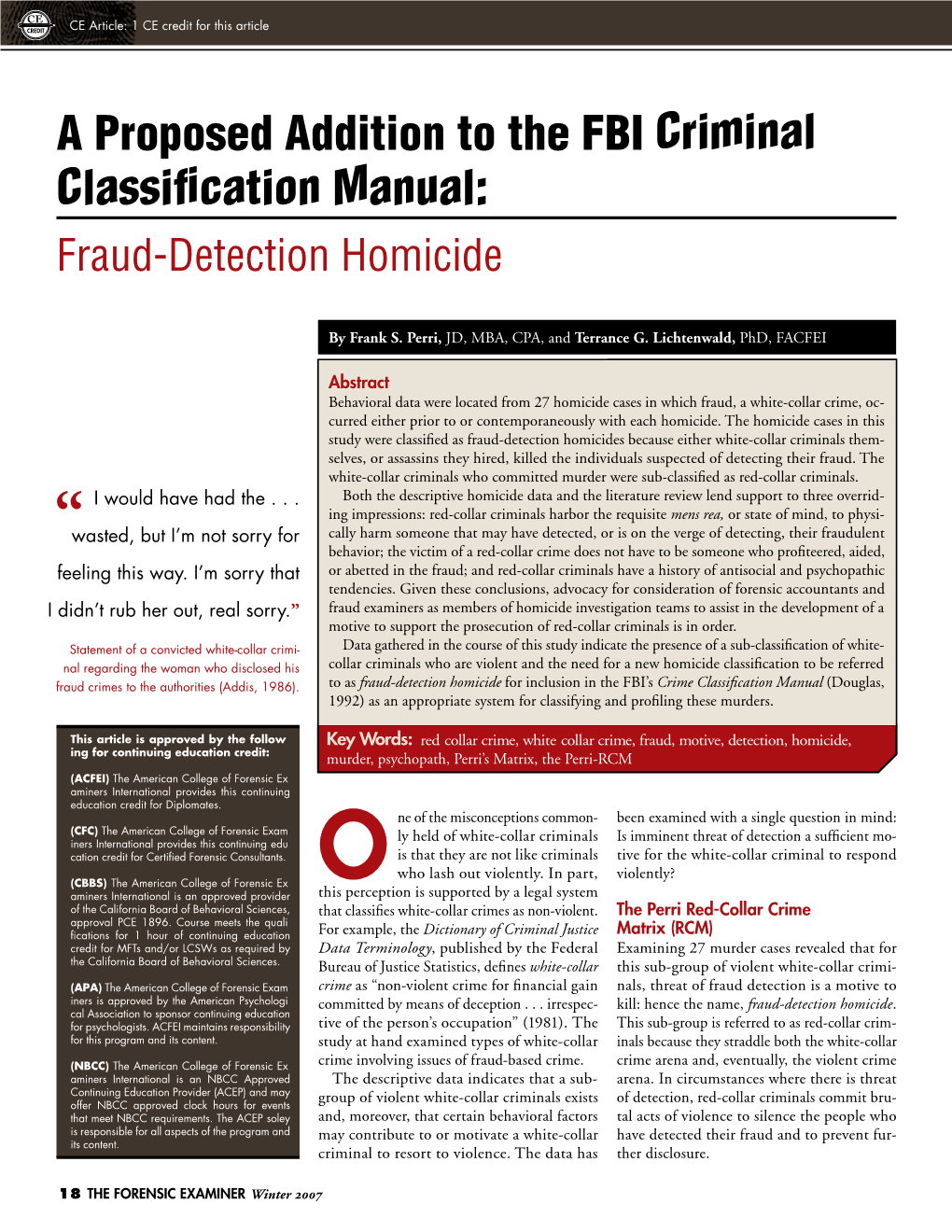 A Proposed Addition to the FBI Criminal Classification Manual: Fraud-Detection Homicide