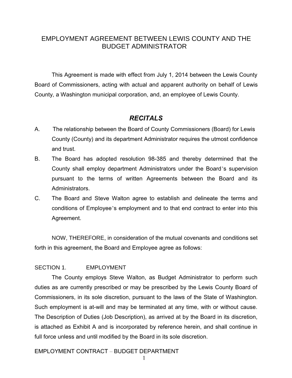 Employment Agreement Between Lewis County and the Budget ADMINISTRATOR