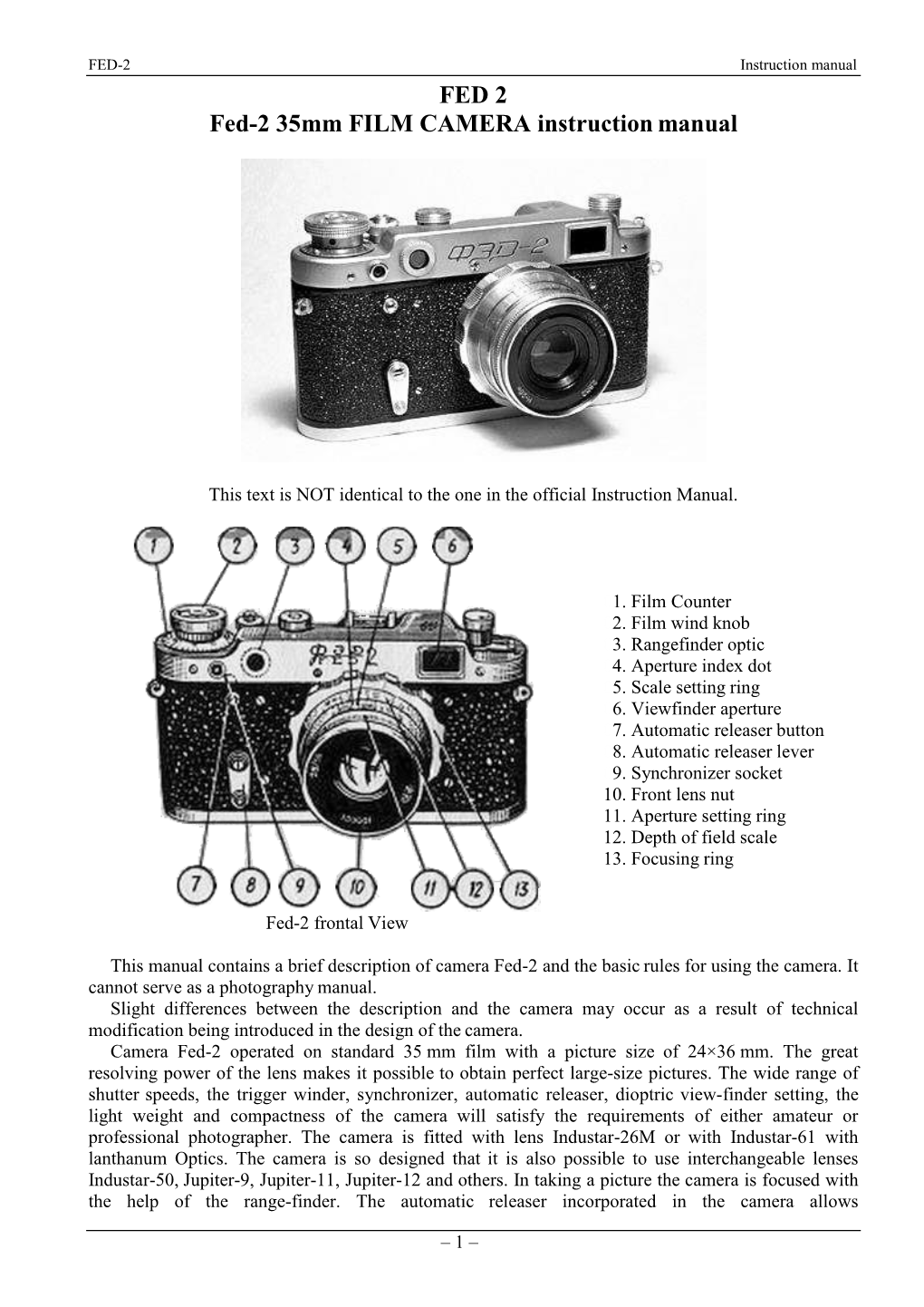 FED 2 Fed-2 35Mm FILM CAMERA Instruction Manual