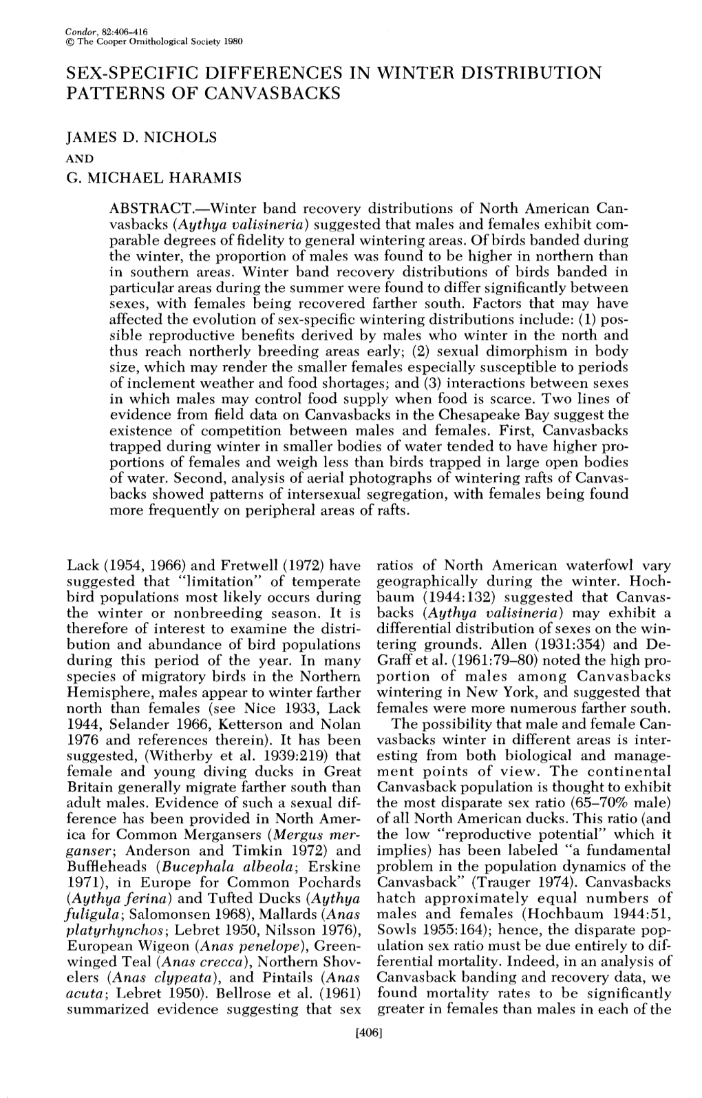 Sex-Specific Differences in Winter Distribution Patterns of Canvasbacks