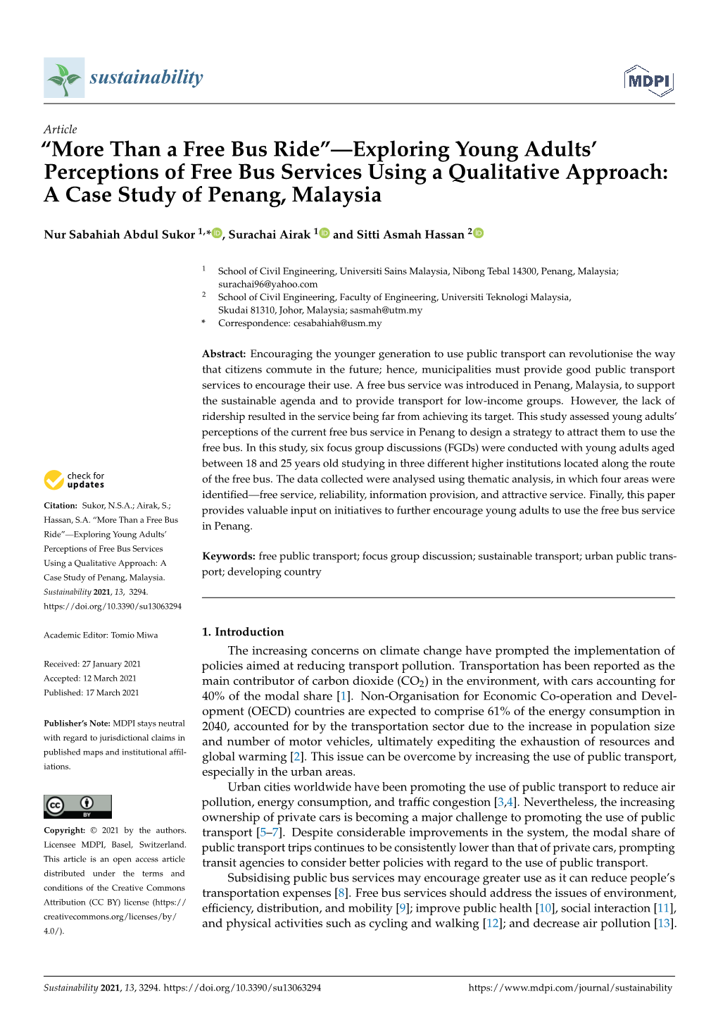 Than a Free Bus Ride”—Exploring Young Adults’ Perceptions of Free Bus Services Using a Qualitative Approach: a Case Study of Penang, Malaysia