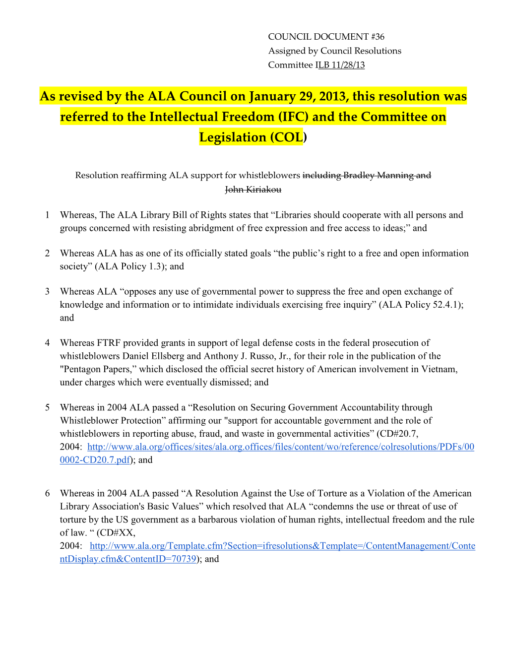 Resolution Reaffirming ALA Support for Whistleblowers Including Bradley Manning and John Kiriakou