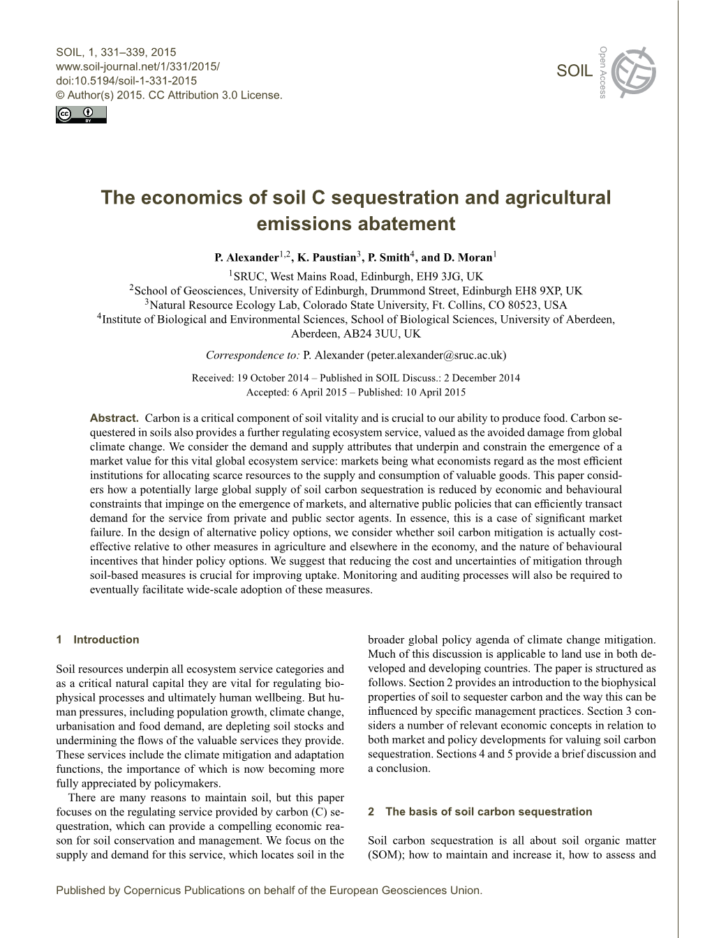 The Economics of Soil C Sequestration and Agricultural Emissions Abatement