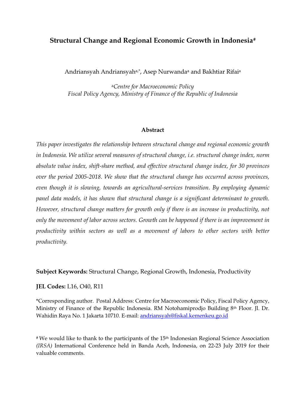 Structural Change and Regional Economic Growth in Indonesia