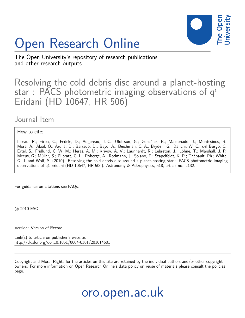 Resolving the Cold Debris Disc Around a Planet-Hosting Star : PACS Photometric Imaging Observations of Q1 Eridani (HD 10647, HR 506)