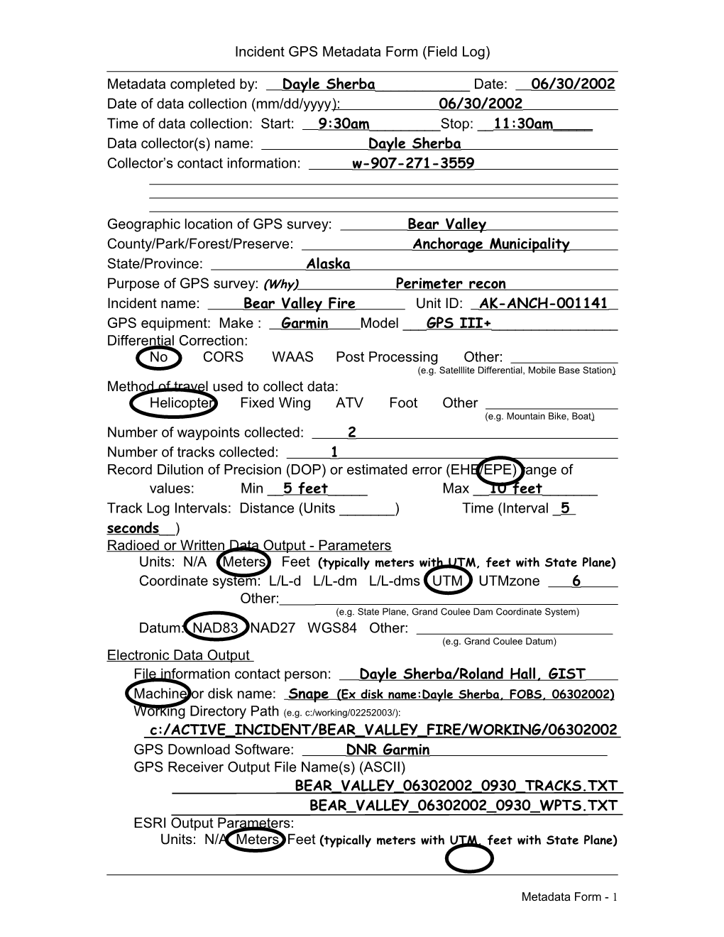 Metadata Information for GPS Collected Data s1