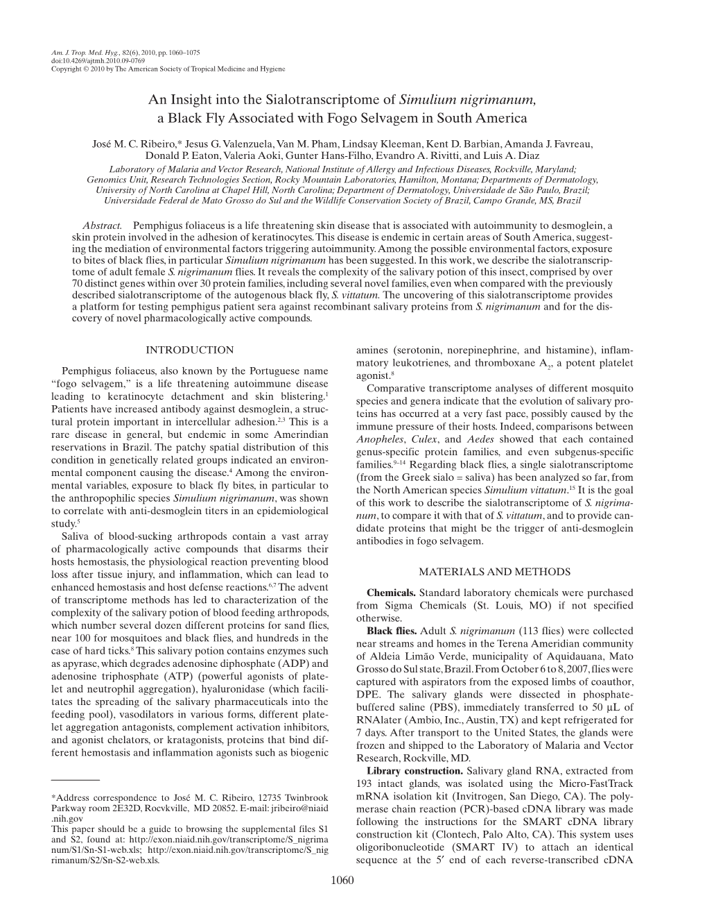 An Insight Into the Sialotranscriptome of Simulium Nigrimanum, a Black Fly Associated with Fogo Selvagem in South America