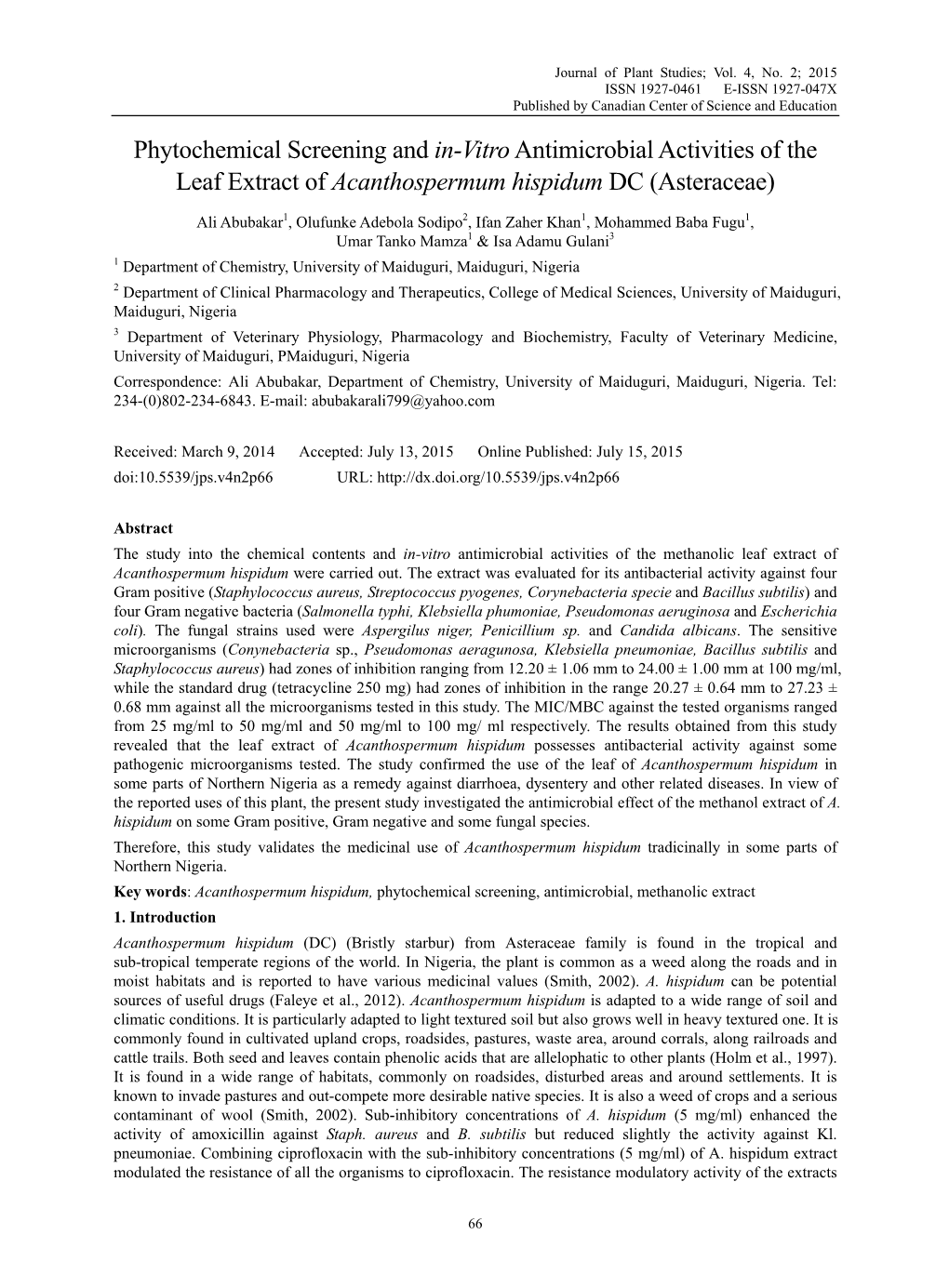 Phytochemical Screening and In-Vitroantimicrobial Activities of The