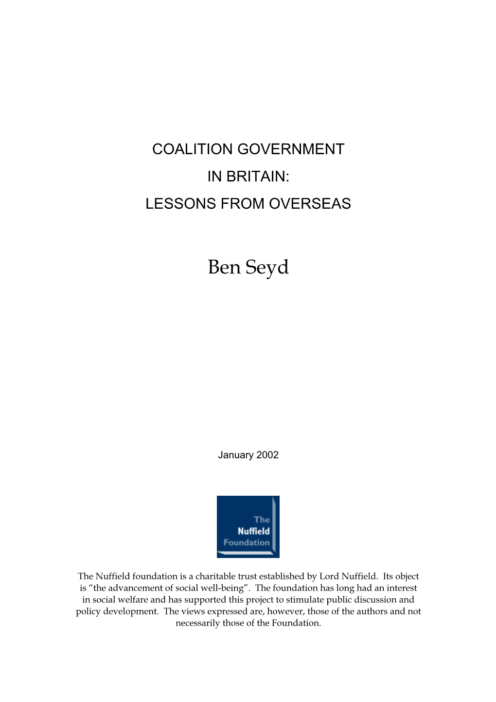 Coalition Government in Britain: Lessons from Overseas