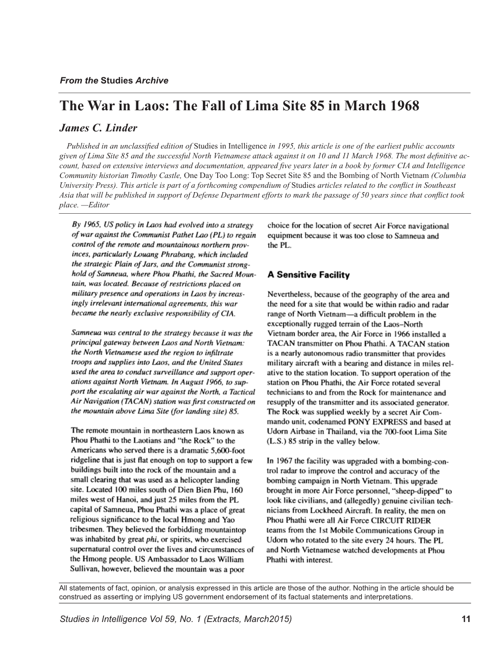The War in Laos: the Fall of Lima Site 85 in March 1968 James C