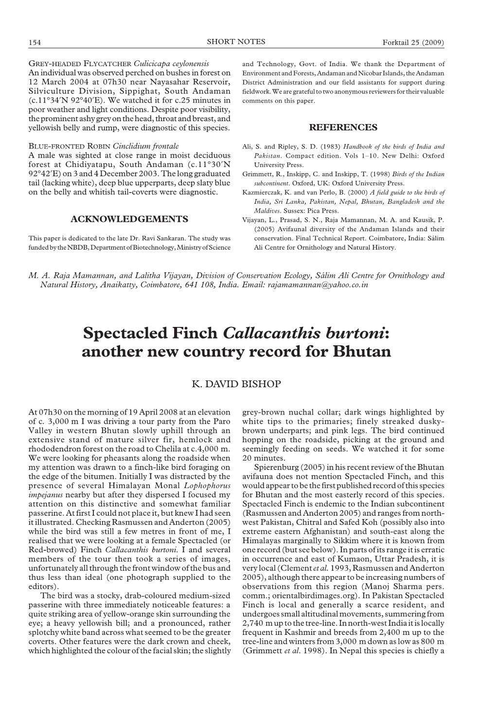 Spectacled Finch Callacanthis Burtoni: Another New Country Record for Bhutan