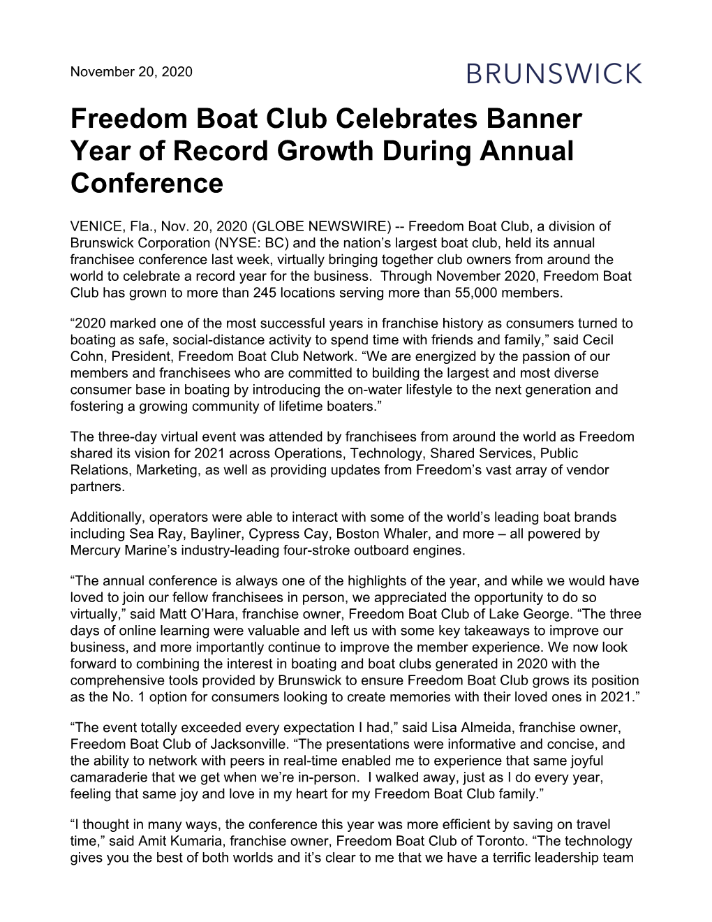 Freedom Boat Club Celebrates Banner Year of Record Growth During Annual Conference