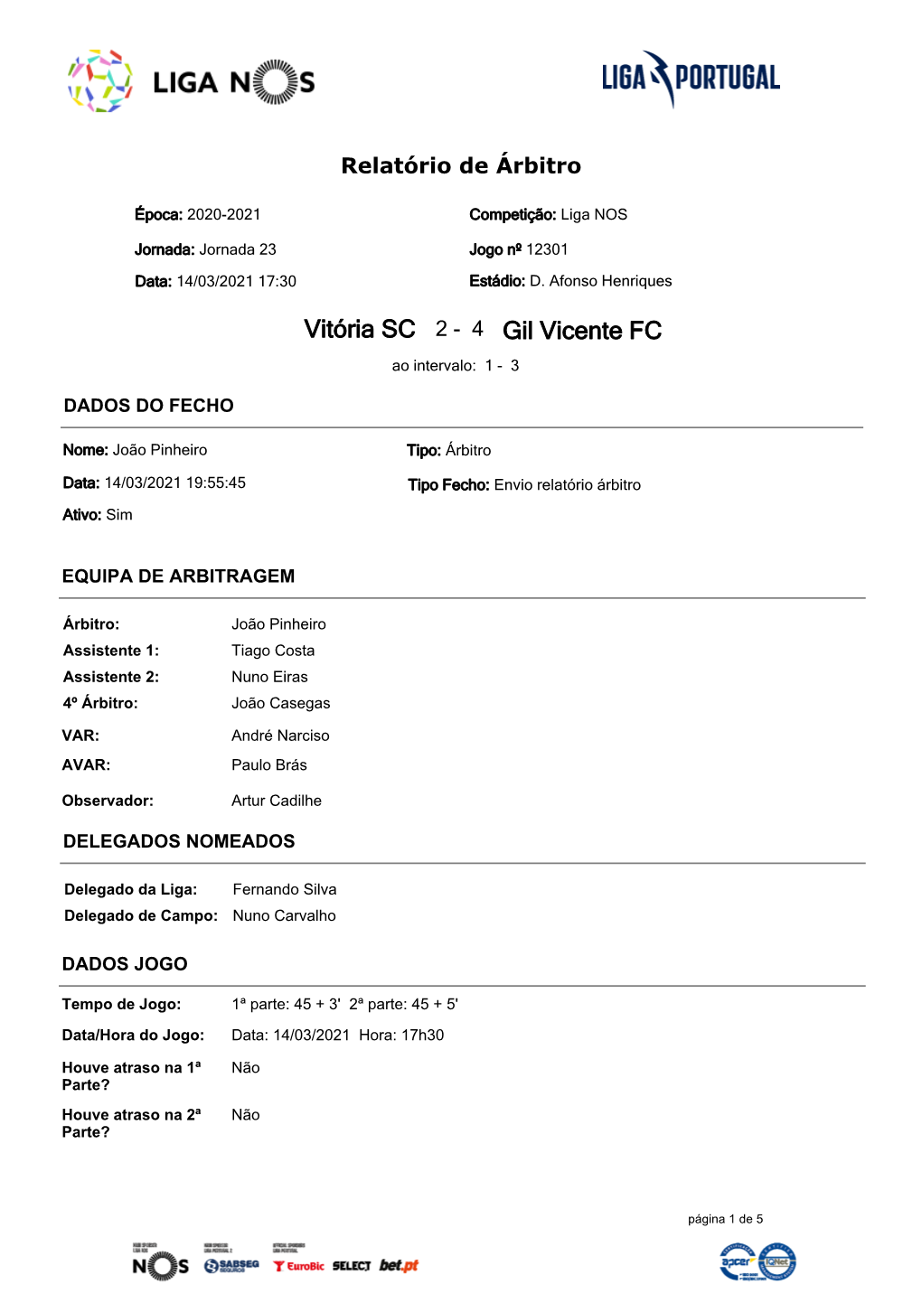 Vitória SC 2 - 4 Gil Vicente FC Ao Intervalo: 1 - 3