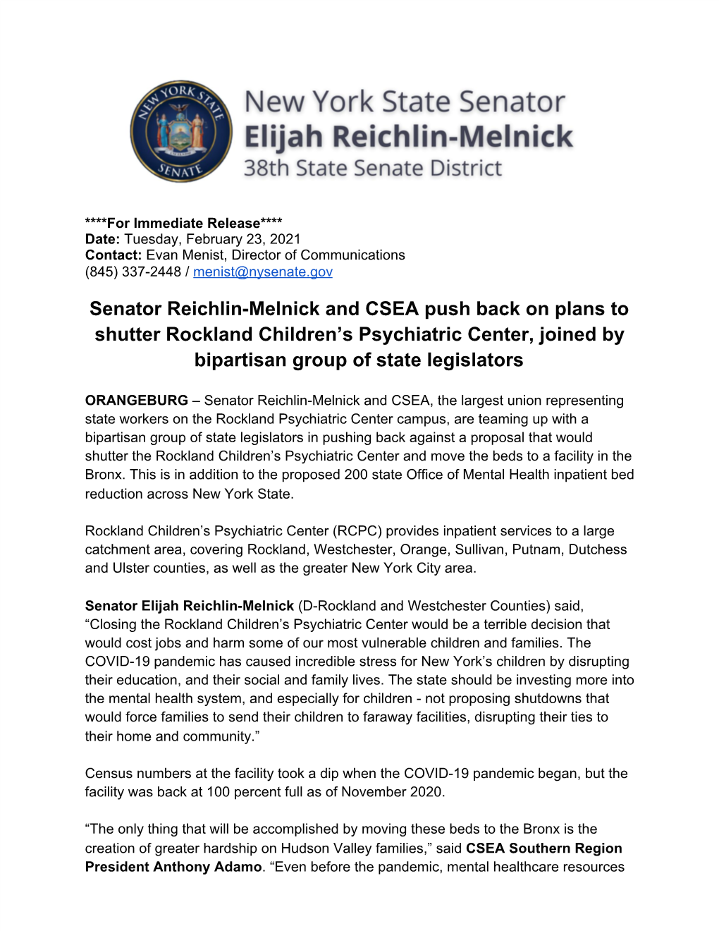 Senator Reichlin-Melnick and CSEA Push Back on Plans to Shutter Rockland Children’S Psychiatric Center, Joined by Bipartisan Group of State Legislators