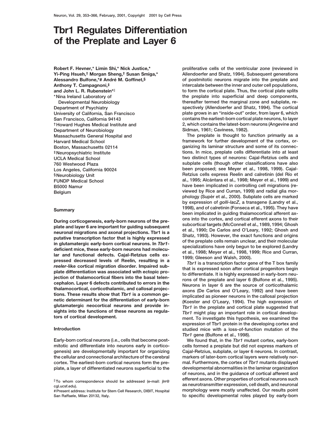 Tbr1 Regulates Differentiation of the Preplate and Layer 6