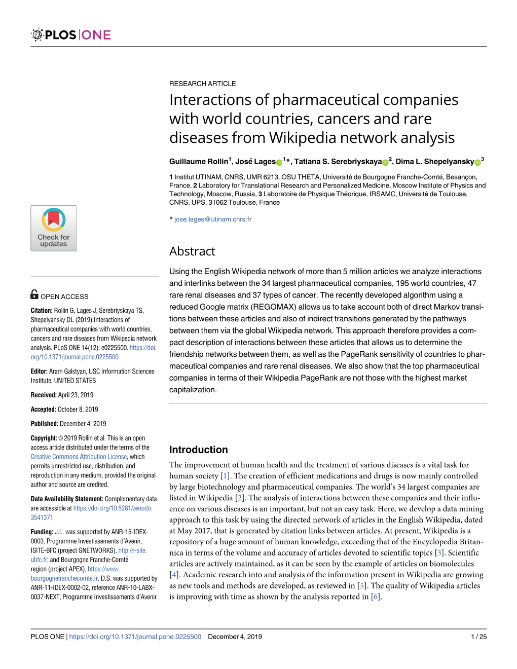 Interactions of Pharmaceutical Companies with World Countries, Cancers and Rare Diseases from Wikipedia Network Analysis