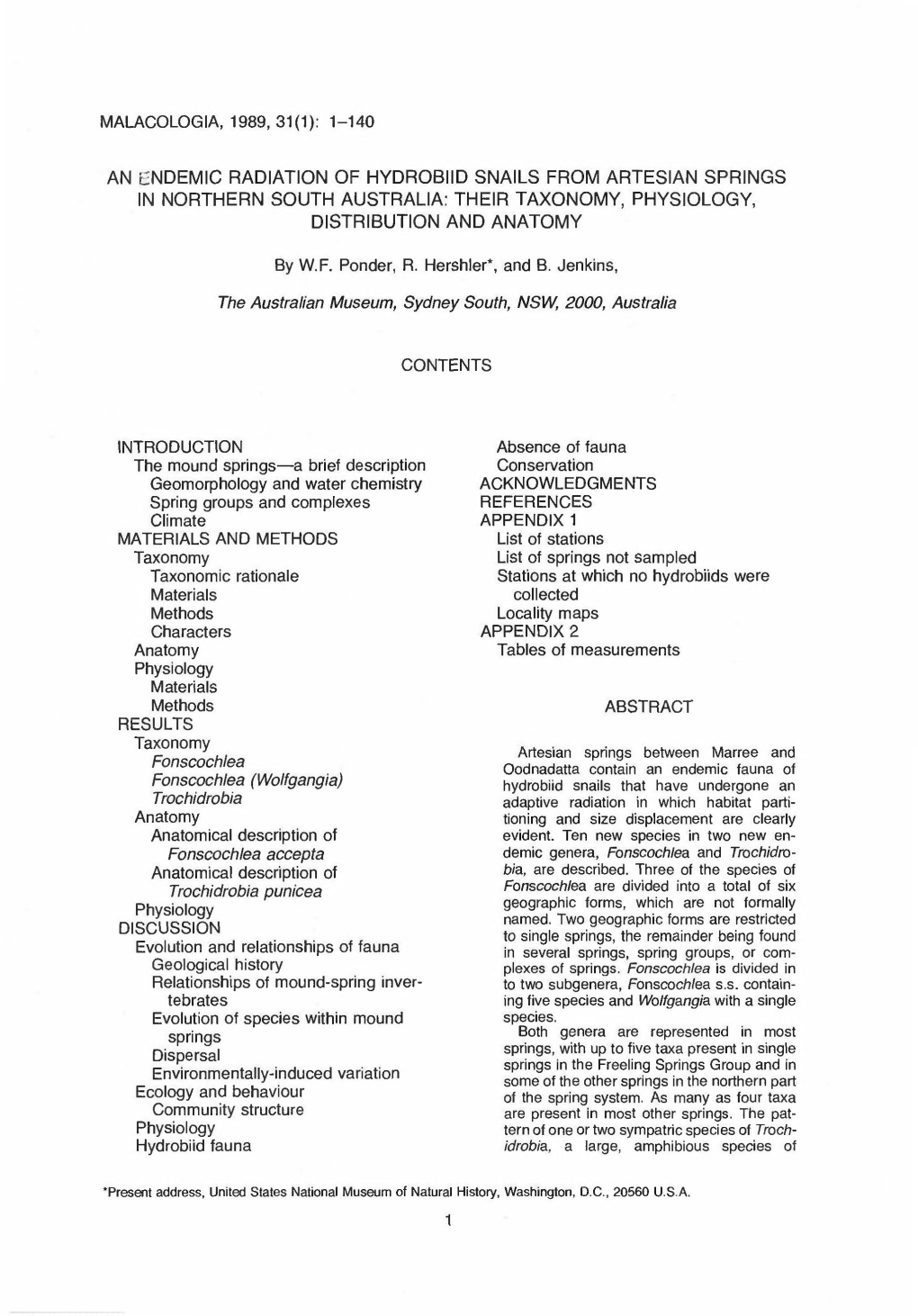 Malacologia, 1989, 31(1): 1-140 an Endemic Radiation Of