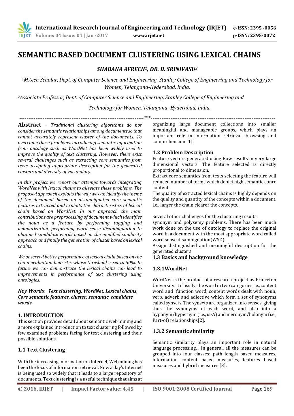 Semantic Based Document Clustering Using Lexical Chains