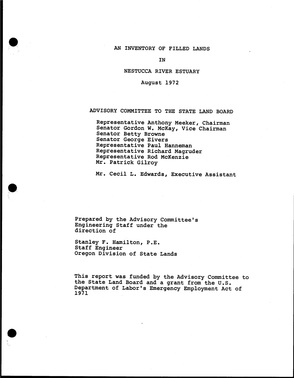 AN INVENTORY of FILLED LANDS in NESTUCCA RIVER ESTUARY August 1972