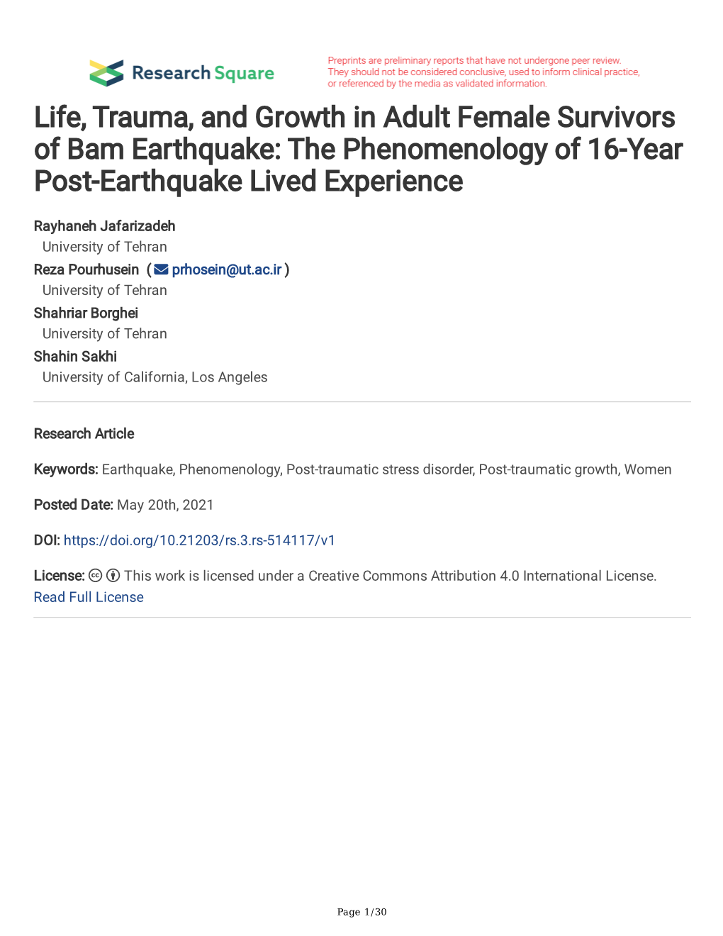Life, Trauma, and Growth in Adult Female Survivors of Bam Earthquake: the Phenomenology of 16-Year Post-Earthquake Lived Experience