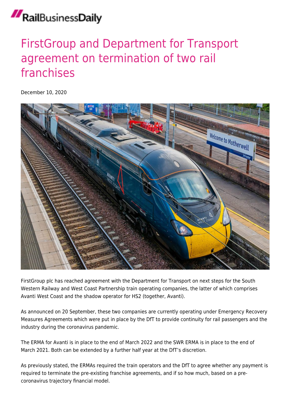 Firstgroup and Department for Transport Agreement on Termination of Two Rail Franchises