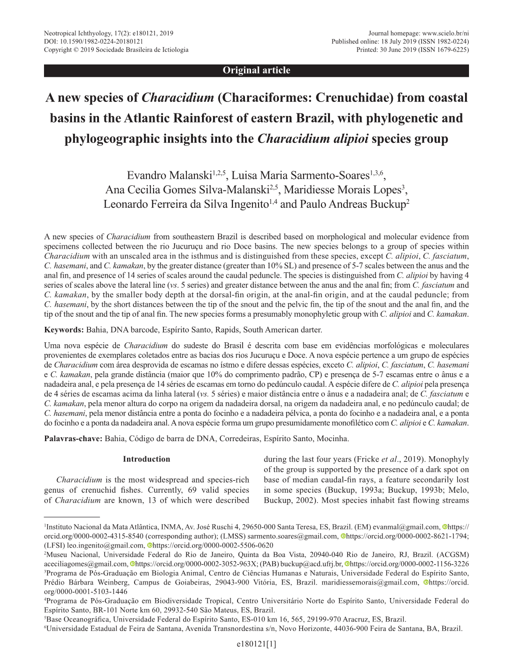 A New Species of Characidium (Characiformes: Crenuchidae) From