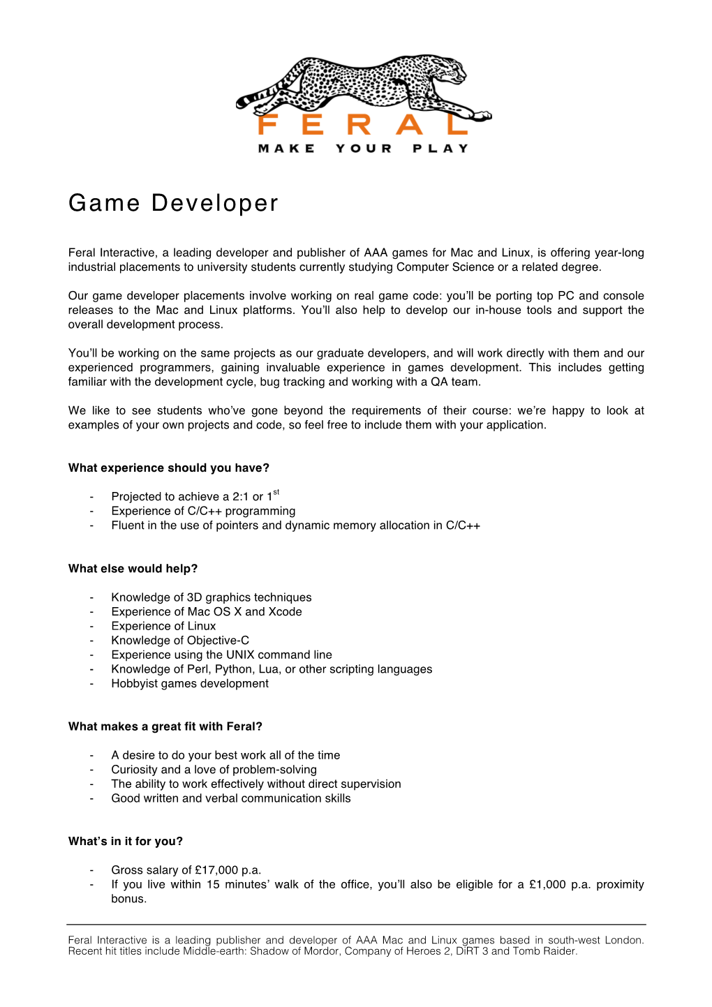 Game Developer Feral Interactive