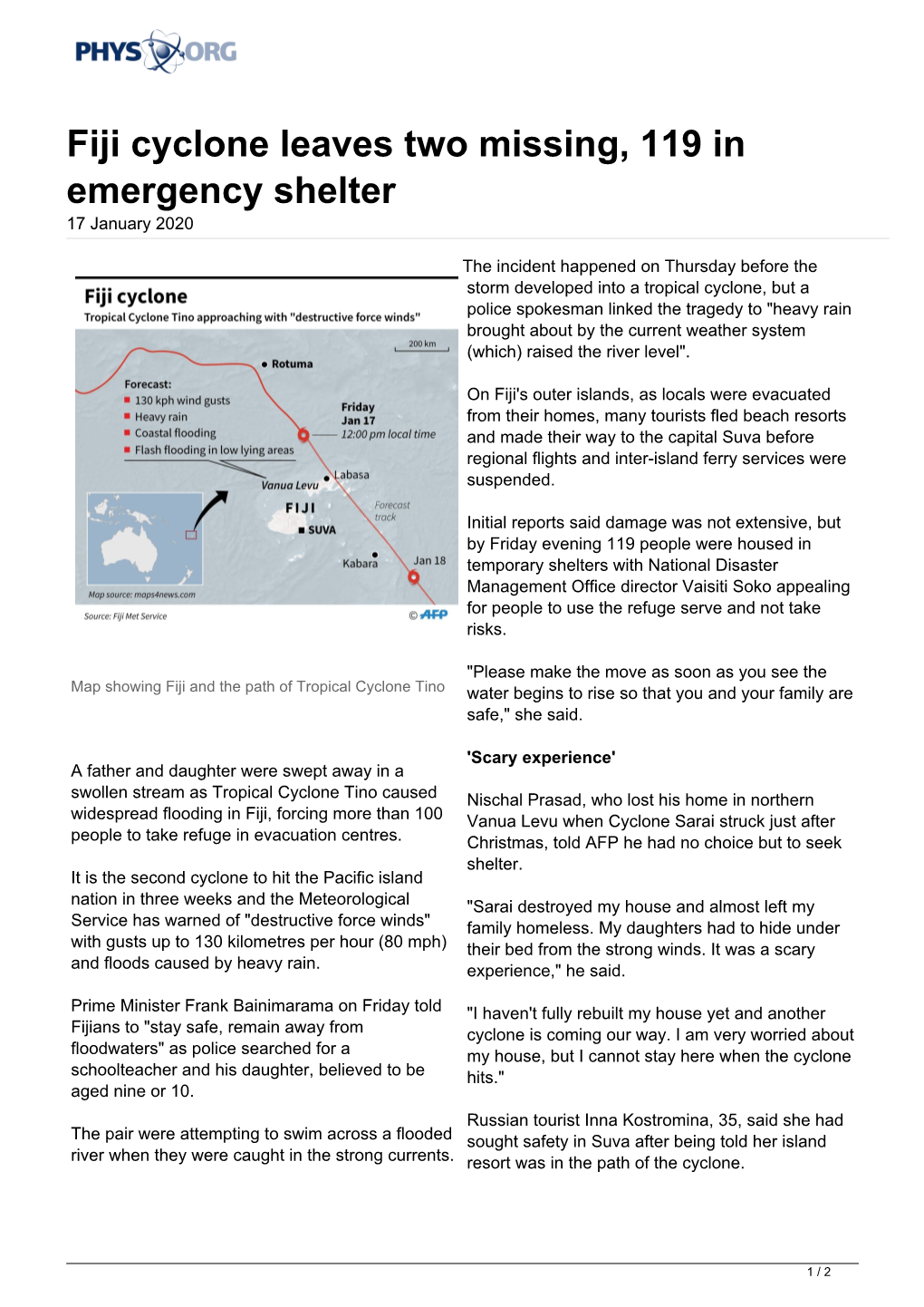 Fiji Cyclone Leaves Two Missing, 119 in Emergency Shelter 17 January 2020