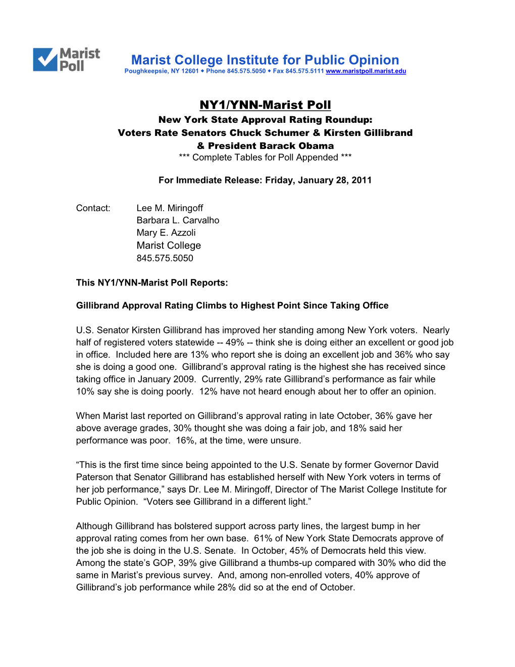 Complete January 28, 2011 NYS NY1/YNN-Marist Poll Release And