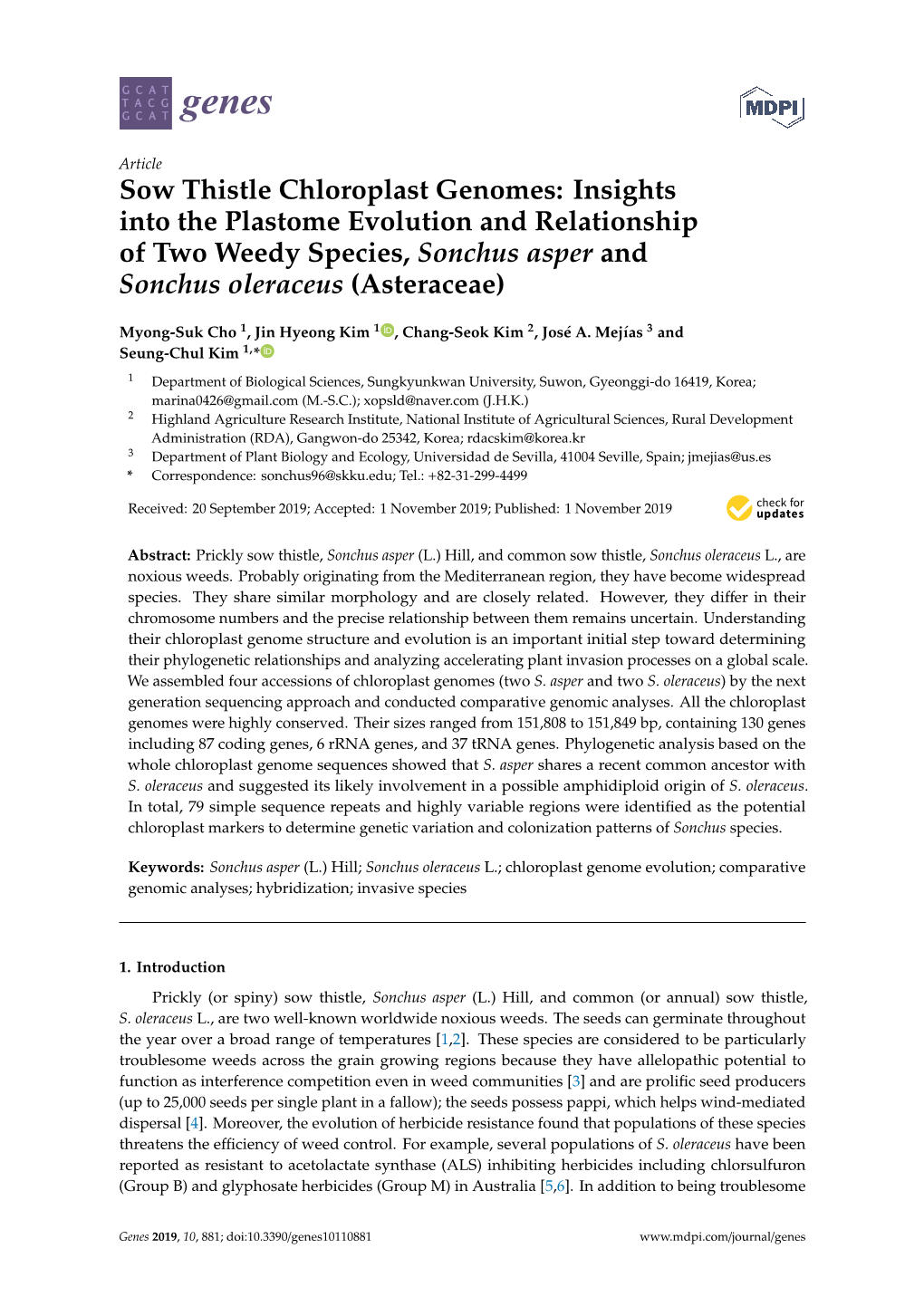 Sow Thistle Chloroplast Genomes: Insights Into the Plastome Evolution and Relationship of Two Weedy Species, Sonchus Asper and Sonchus Oleraceus (Asteraceae)