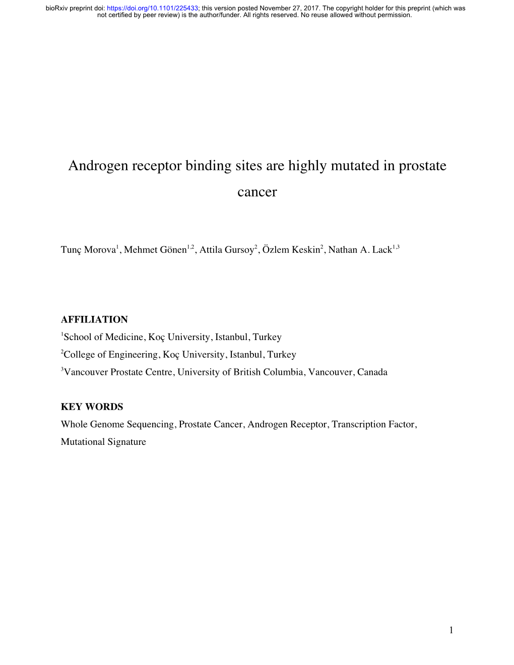 Androgen Receptor Binding Sites Are Highly Mutated in Prostate Cancer