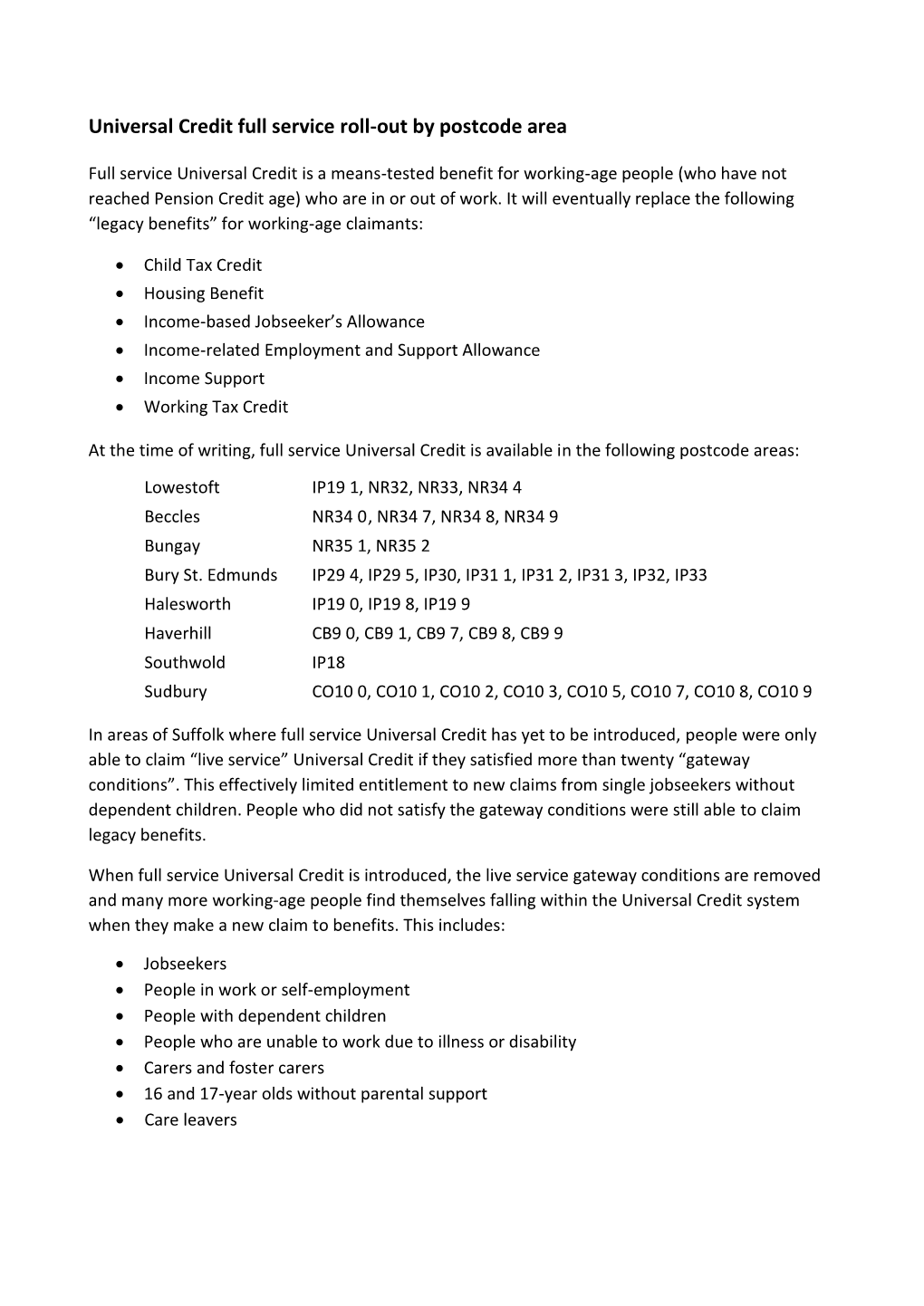 Universal Credit Full Service Roll-Out by Postcode Area