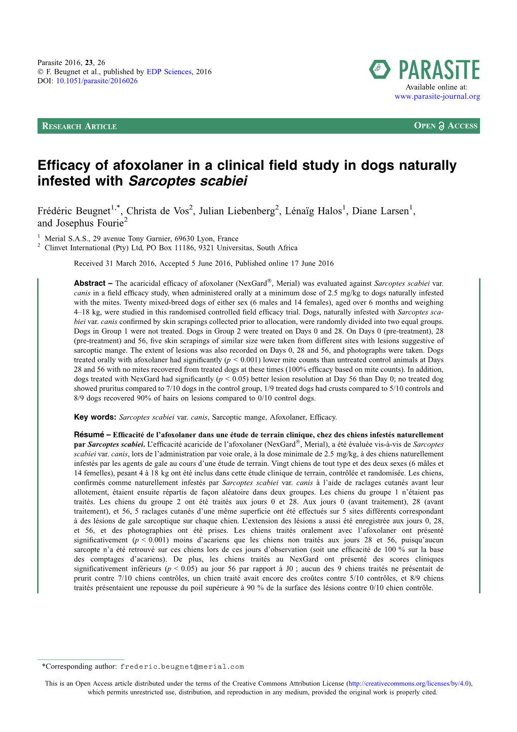 Efficacy of Afoxolaner in a Clinical Field Study in Dogs Naturally Infested with Sarcoptes Scabiei