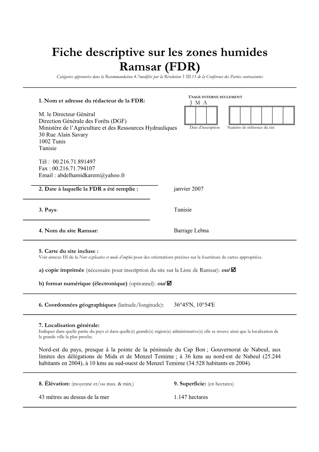 Fiche Descriptive Sur Les Zones Humides Ramsar (FDR)