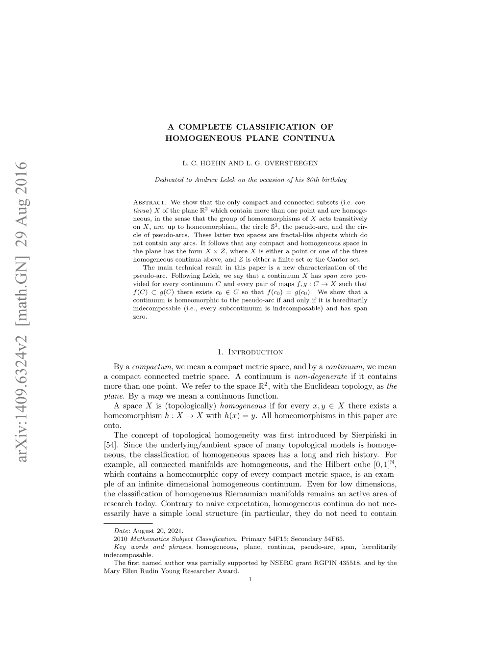 A Complete Classification of Homogeneous Plane Continua