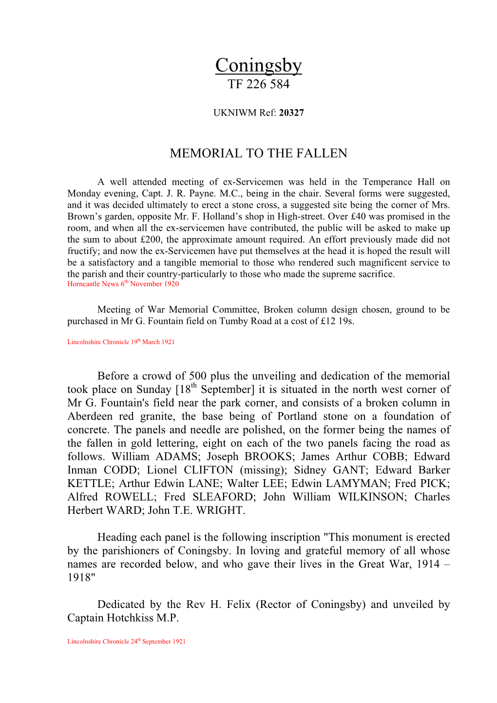 Coningsby Memorials.Pdf