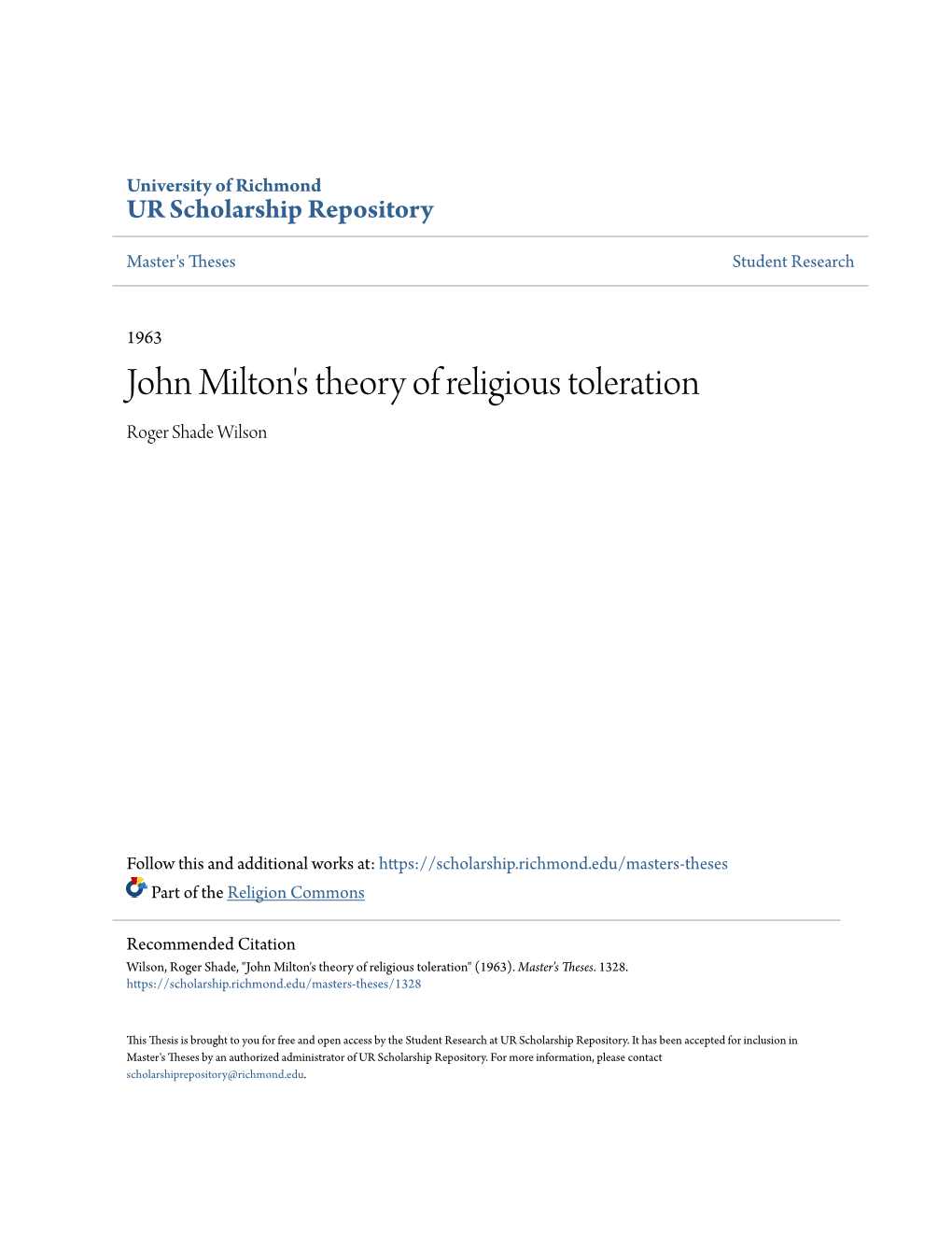 John Milton's Theory of Religious Toleration Roger Shade Wilson