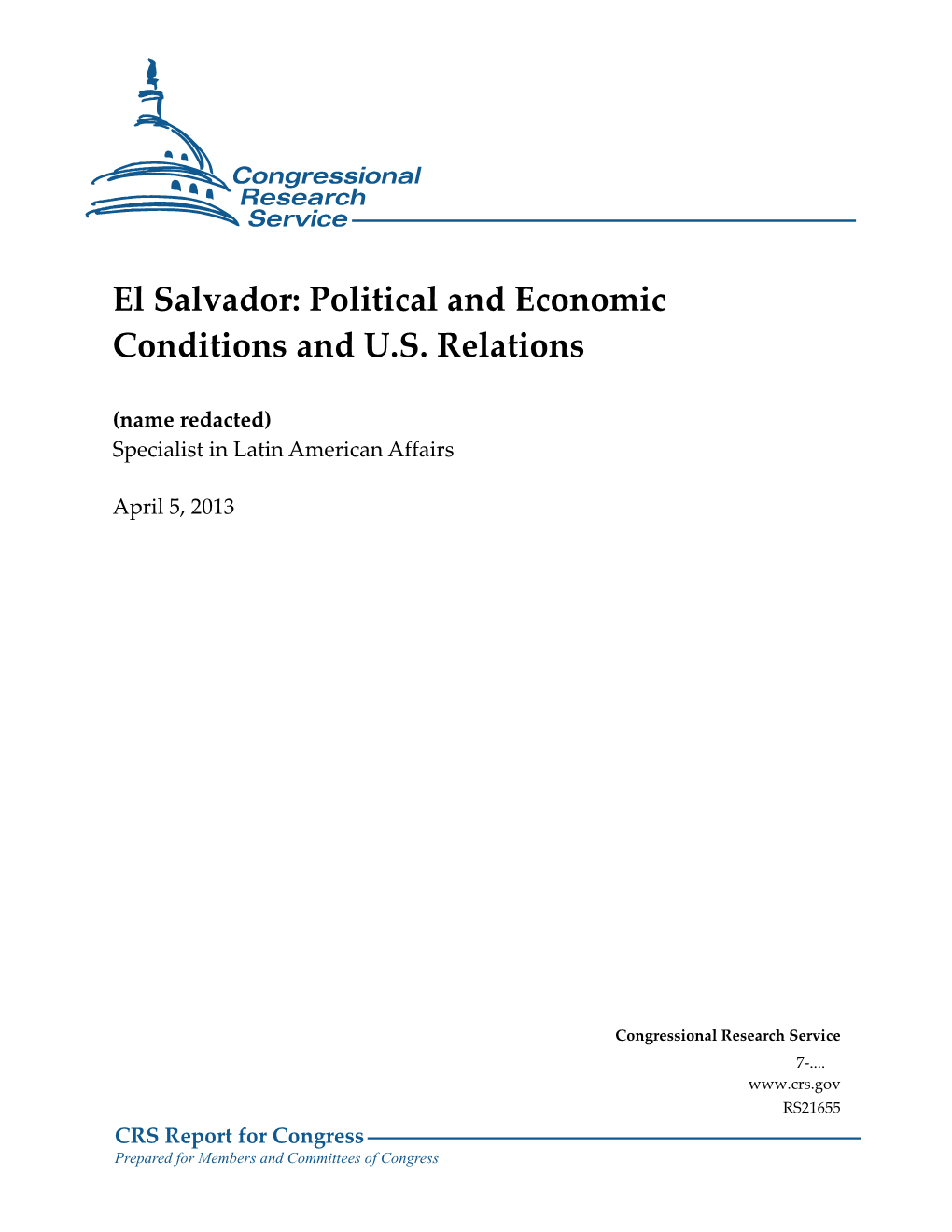 El Salvador: Political and Economic Conditions and U.S