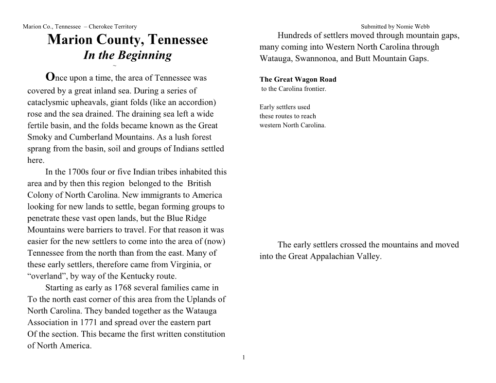 Marion County, Tennessee Many Coming Into Western North Carolina Through in the Beginning Watauga, Swannonoa, and Butt Mountain Gaps