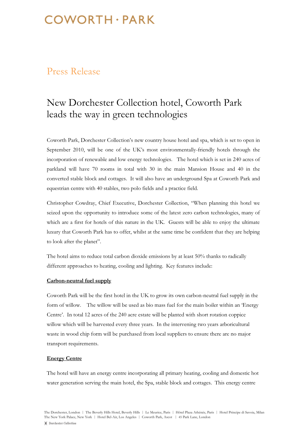 Press Release New Dorchester Collection Hotel, Coworth Park