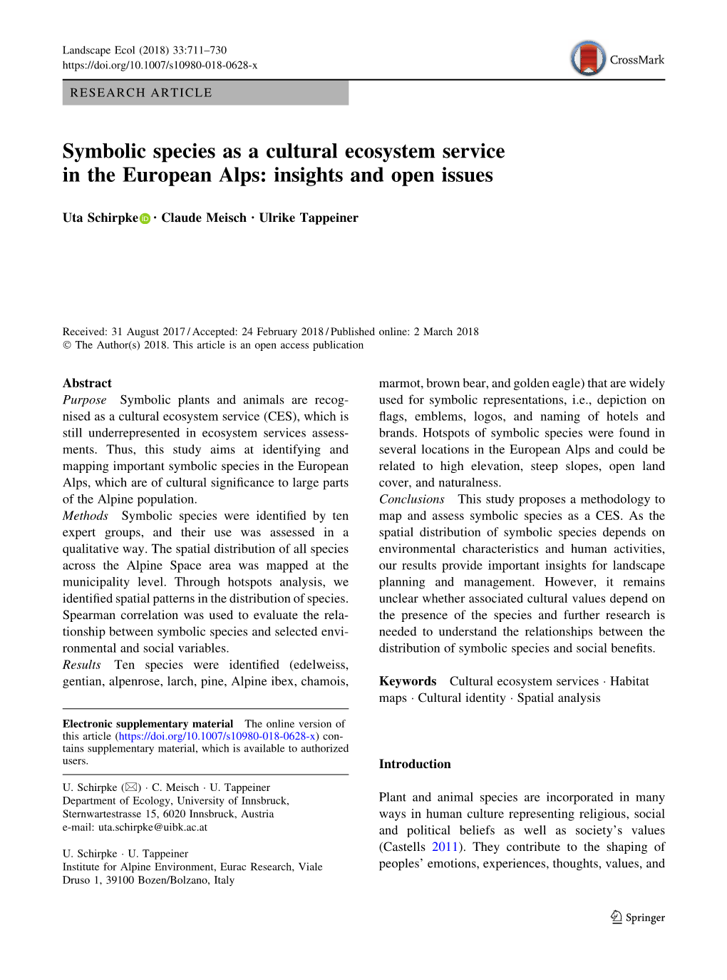 Symbolic Species As a Cultural Ecosystem Service in the European Alps: Insights and Open Issues