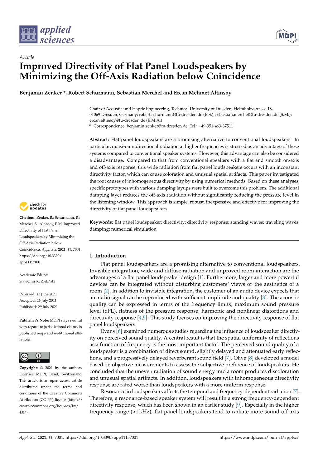 Improved Directivity of Flat Panel Loudspeakers by Minimizing the Off-Axis Radiation Below Coincidence