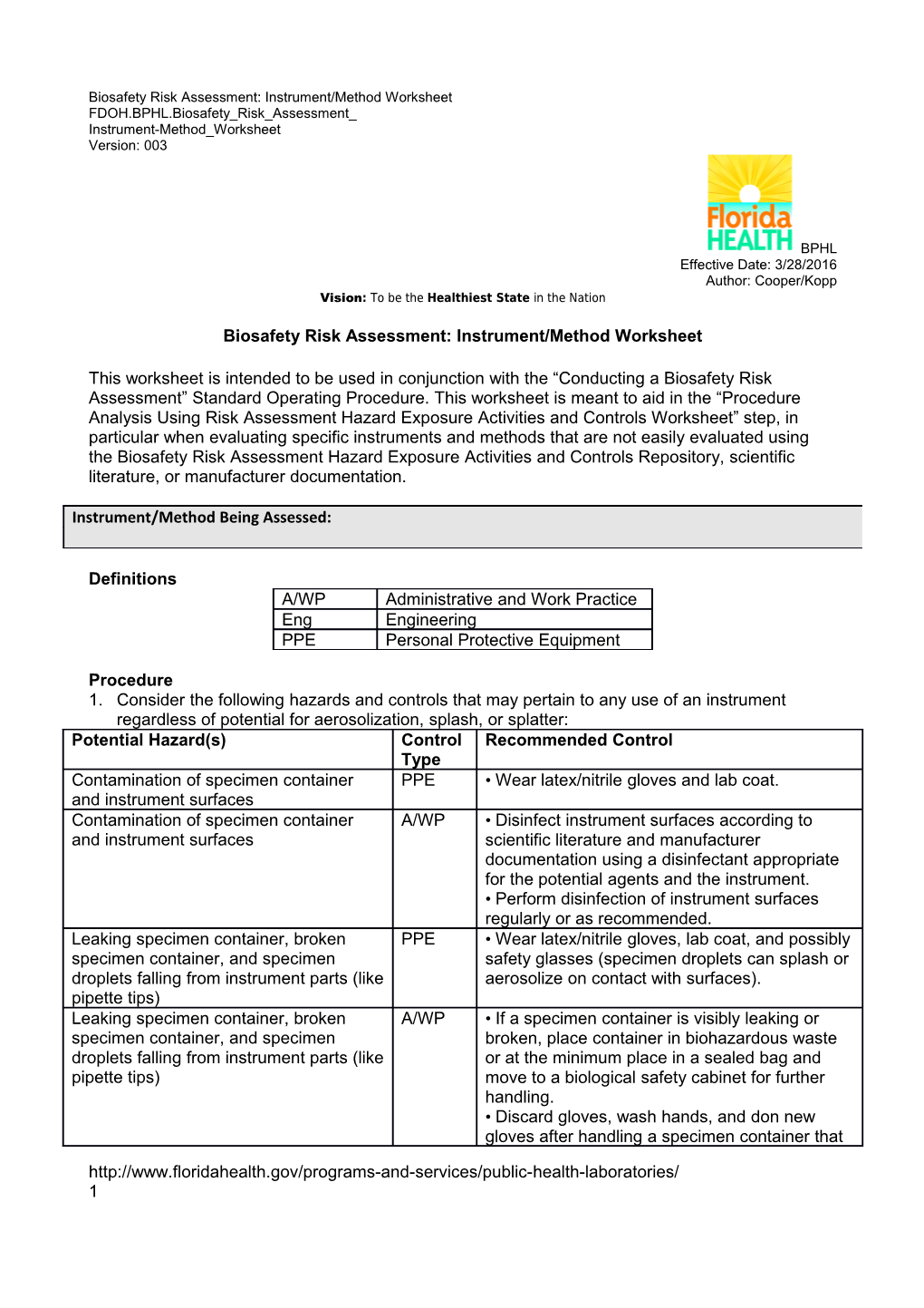 Biosafety Risk Assessment: Instrument/Method Worksheet