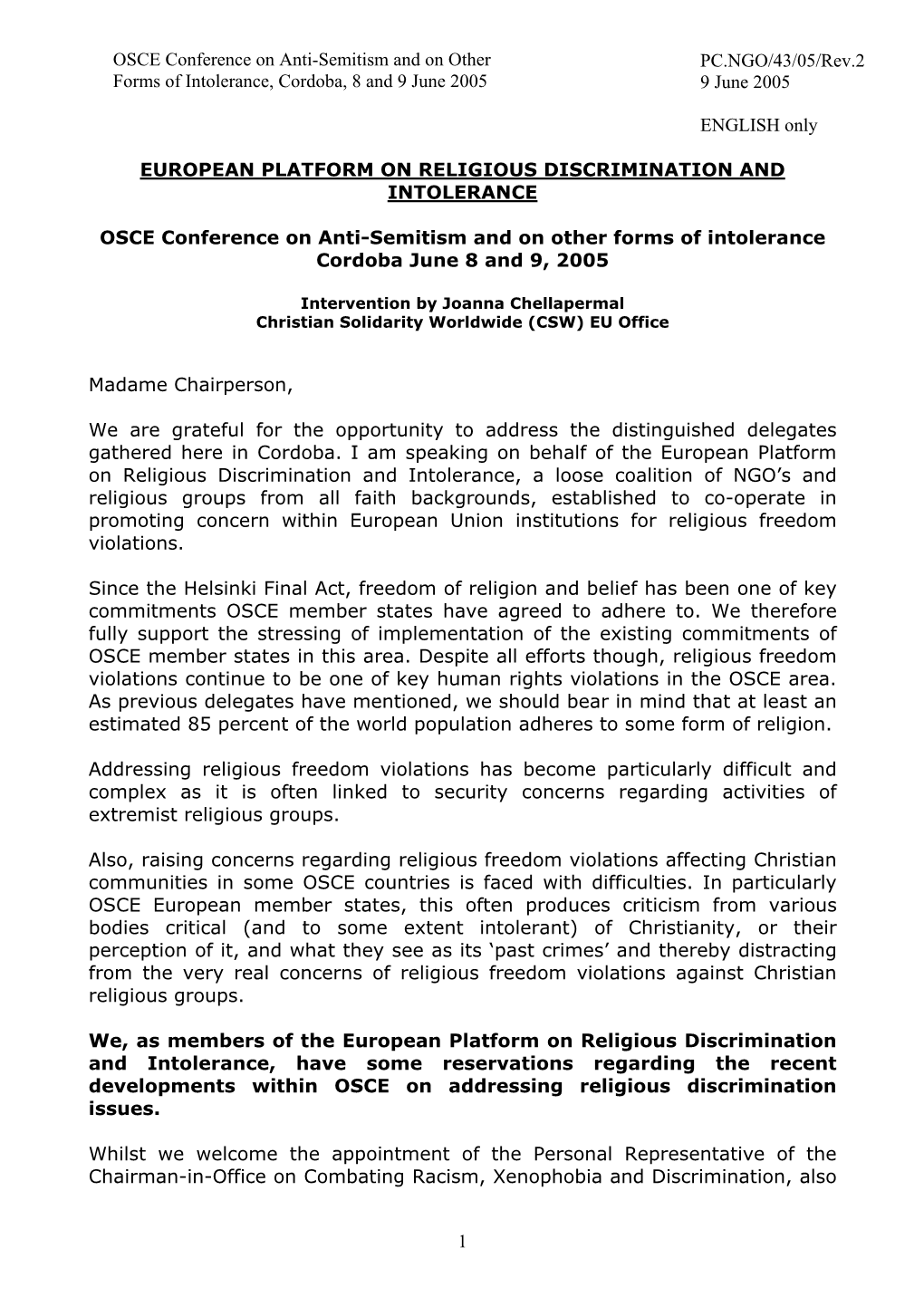 1 European Platform on Religious Discrimination