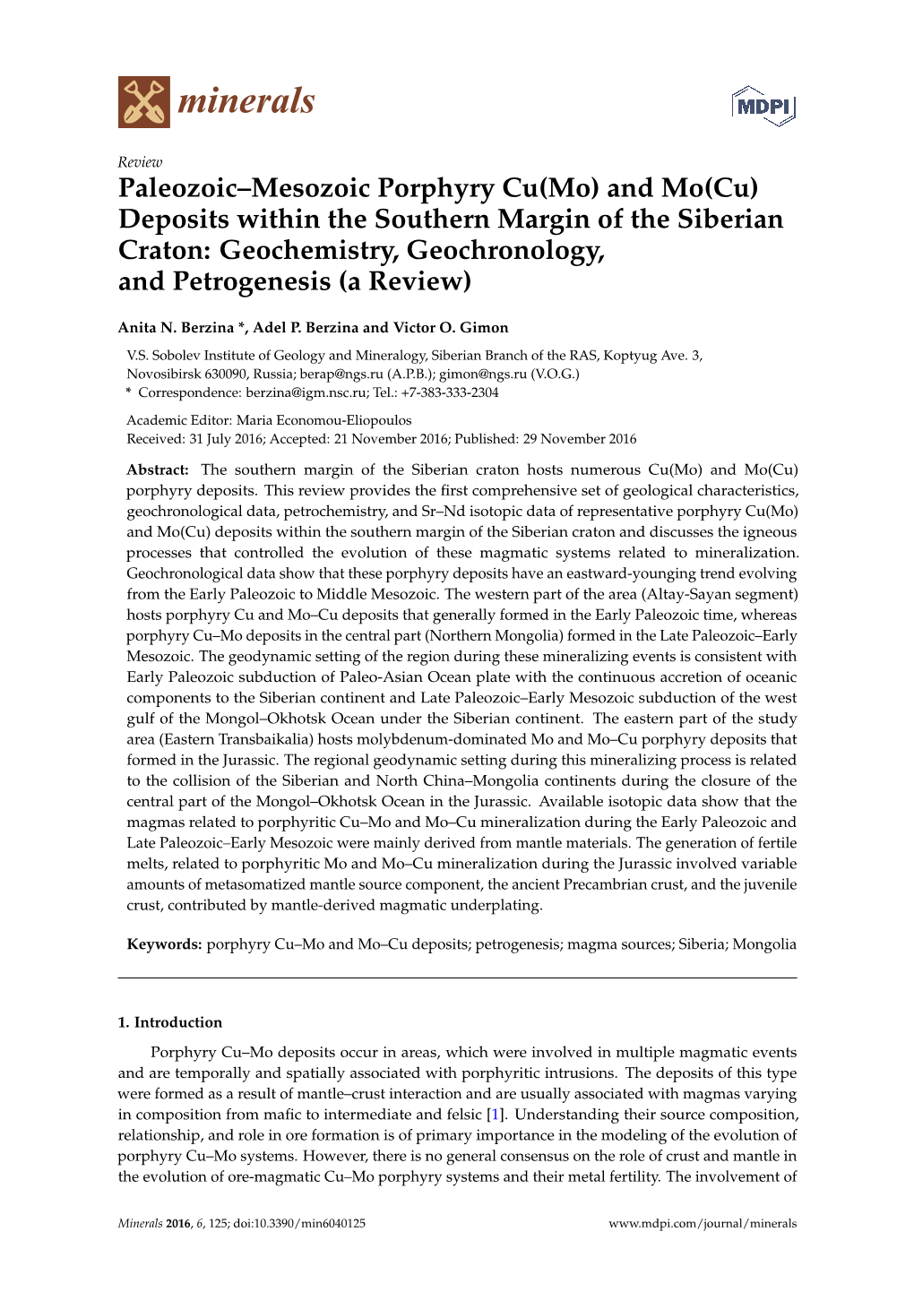 Paleozoic–Mesozoic Porphyry Cu(Mo) and Mo(Cu) Deposits Within the Southern Margin of the Siberian Craton: Geochemistry, Geochronology, and Petrogenesis (A Review)