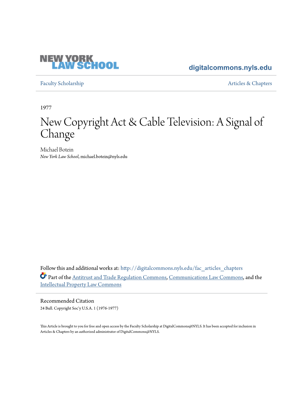 New Copyright Act & Cable Television: a Signal of Change