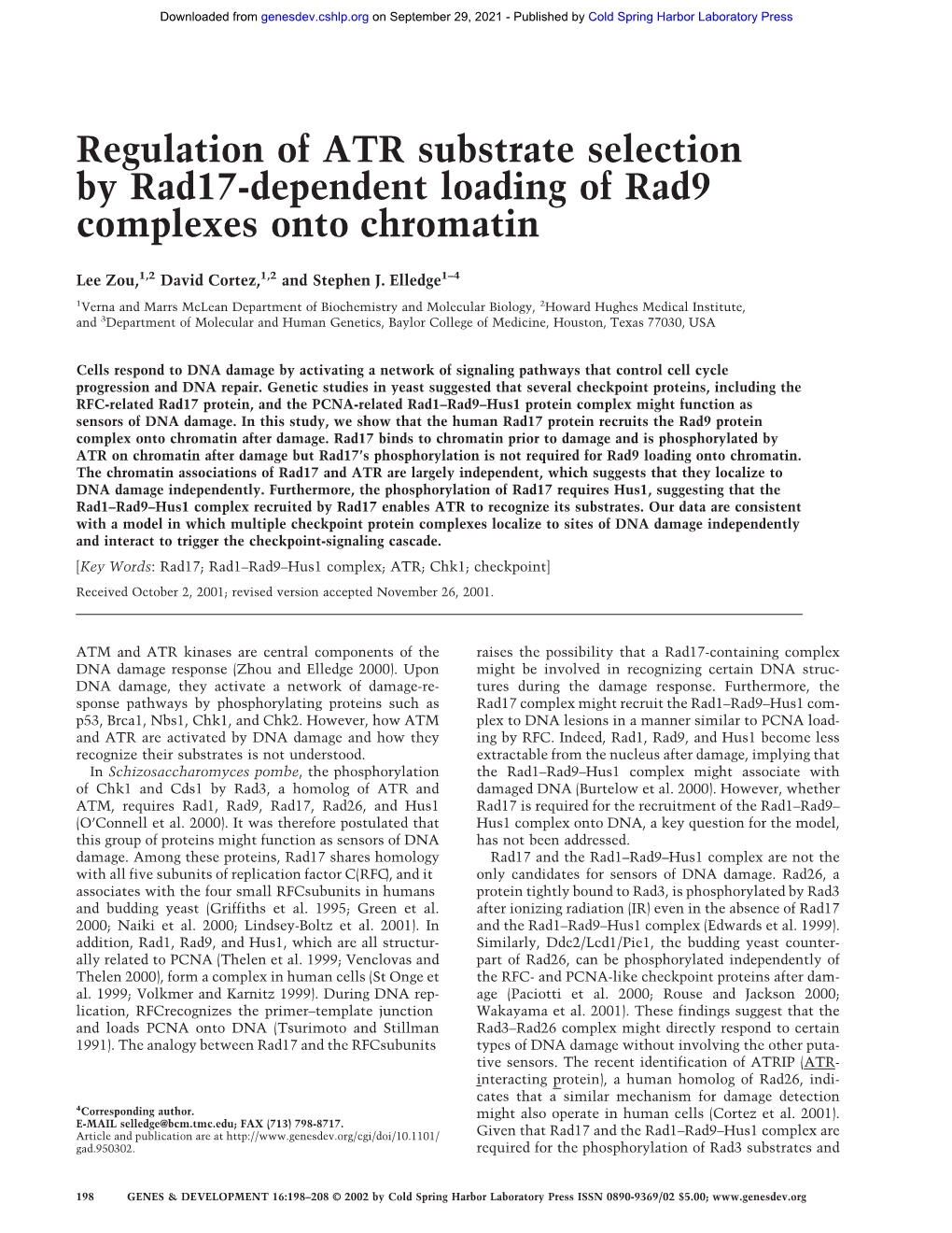 Regulation of ATR Substrate Selection by Rad17-Dependent Loading of Rad9 Complexes Onto Chromatin